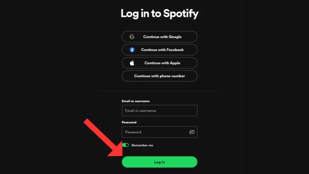 Spotify login page with fields for username and password